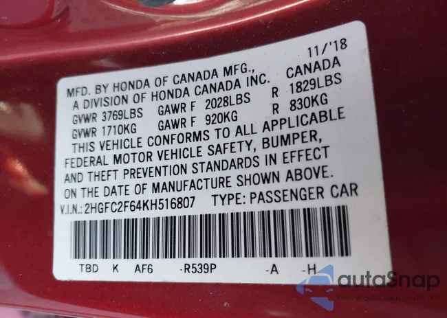 2HGFC2F64KH516807: 44162686