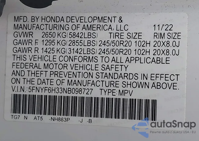 5FNYF6H33NB098727: 44163240