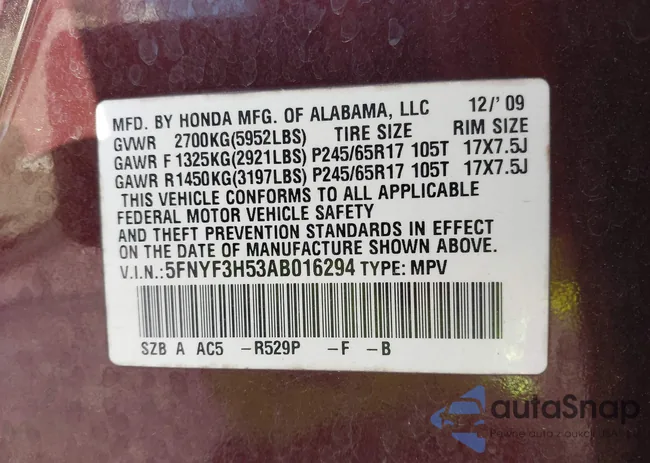 5FNYF3H53AB016294: 44168226