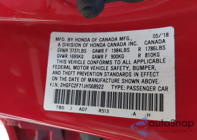 2HGFC2F71JH568922: 44169577