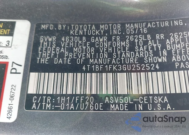 4T1BF1FK3GU252524: 44172252