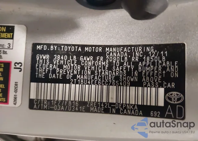 2T1BU4EE6CC765409: 44172335