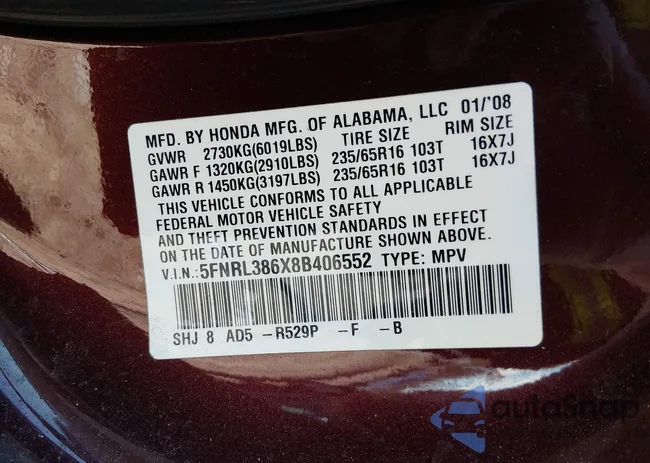 5FNRL386X8B406552: 44172430