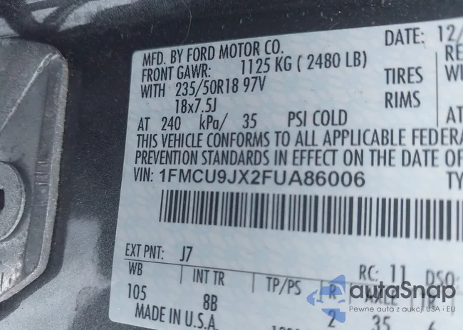 1FMCU9JX2FUA86006: 44174727