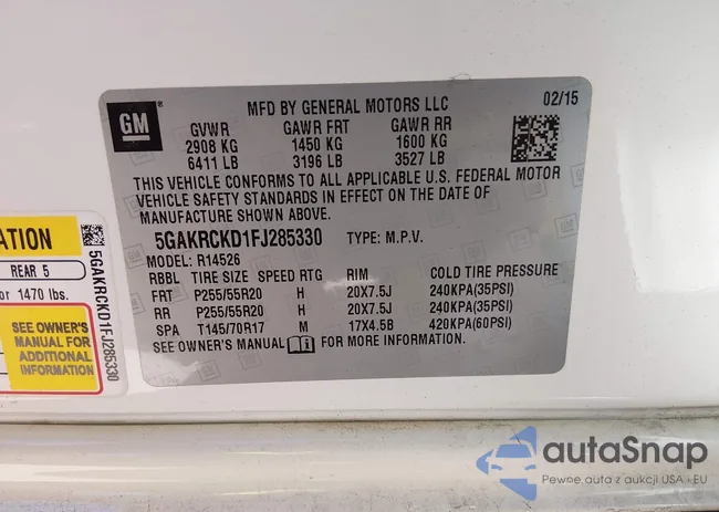 5GAKRCKD1FJ285330: 44177822