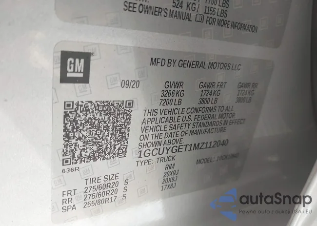 1GCUYGET1MZ112040: 44179726