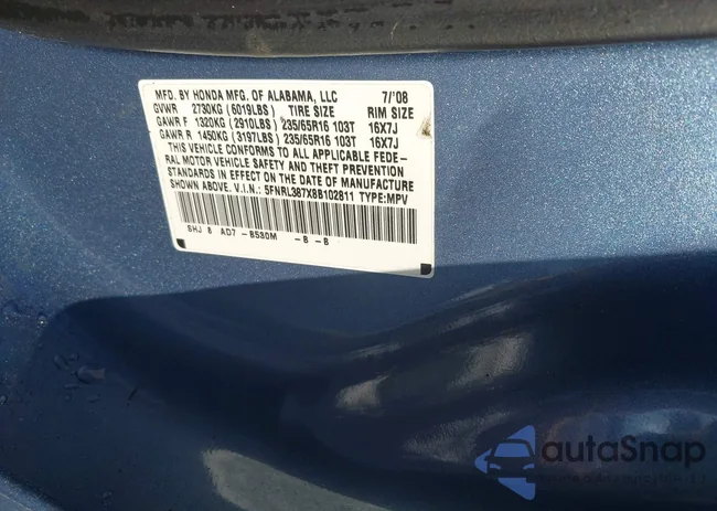 5FNRL387X8B102811: 44180999