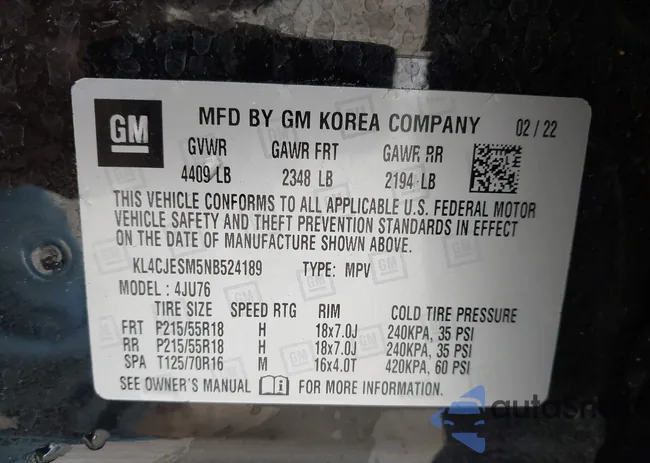 KL4CJESM5NB524189: 44181082