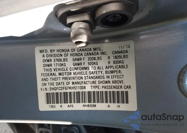 2HGFC2F67KH511004: 44184967