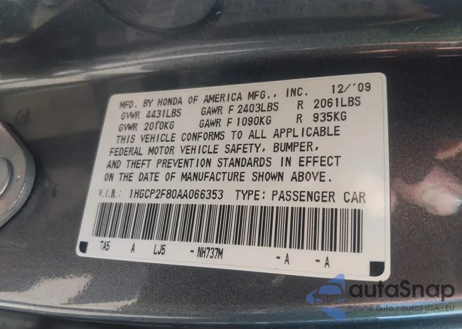 1HGCP2F80AA066353: 44185657