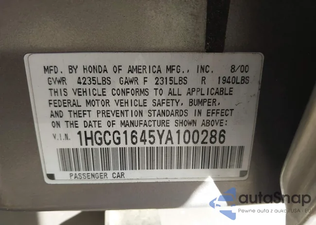 1HGCG1645YA100286: 44186070