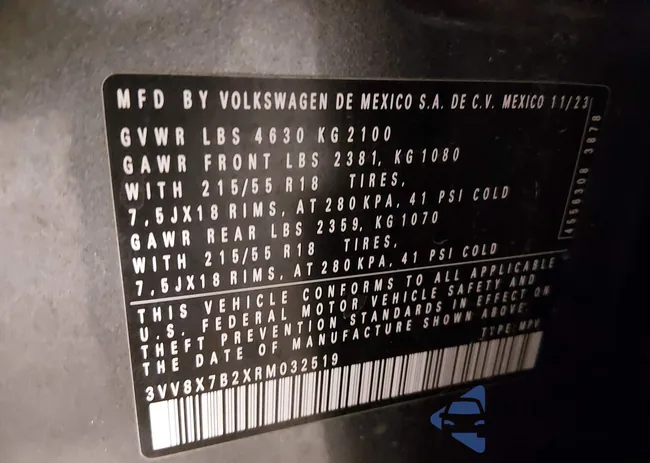 3VV8X7B2XRM032519: 44186298