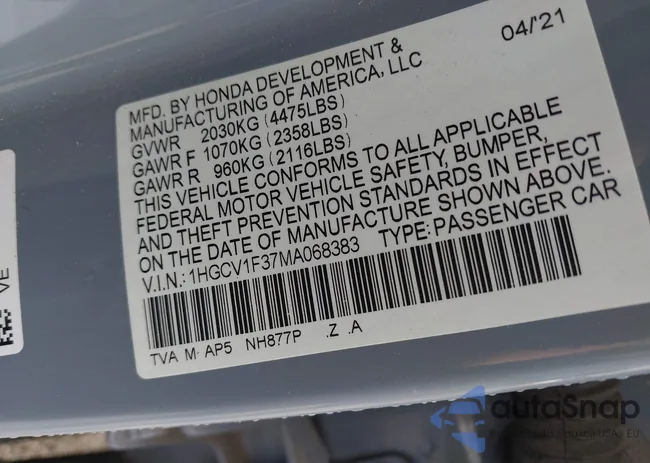 1HGCV1F37MA068383: 44187771