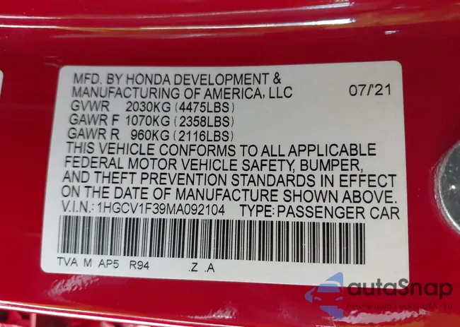 1HGCV1F39MA092104: 44187090