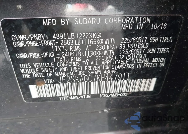 JF2SKAGC7KH447911: 44191400