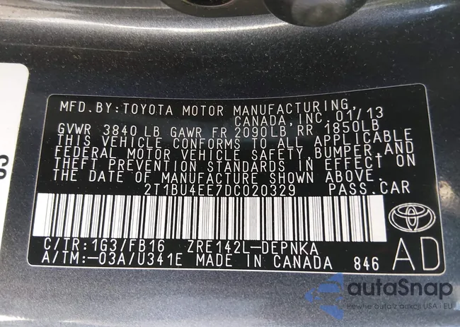 2T1BU4EE7DC020329: 44191460