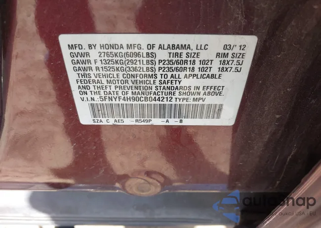 5FNYF4H90CB044212: 44191656