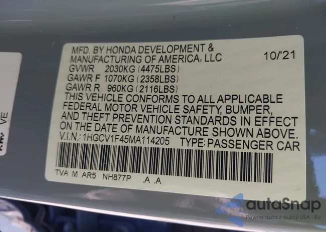 1HGCV1F45MA114205: 44192549