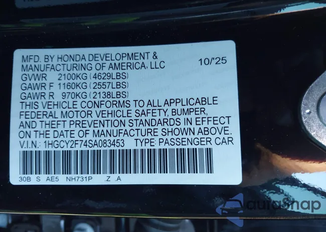 1HGCY2F74SA083453: 44192764