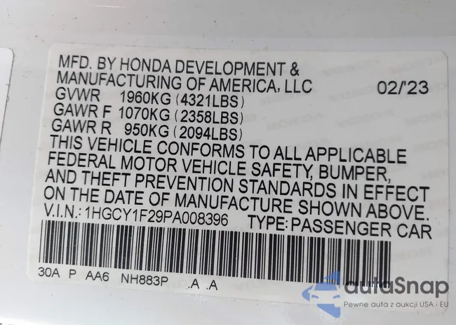 1HGCY1F29PA008396: 44194281