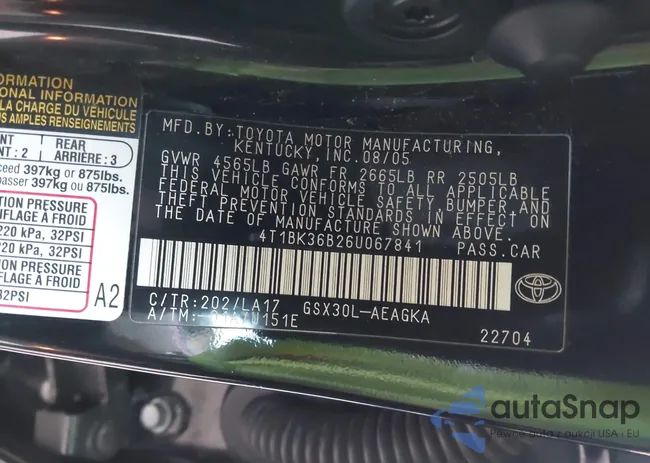 4T1BK36B26U067841: 44198678