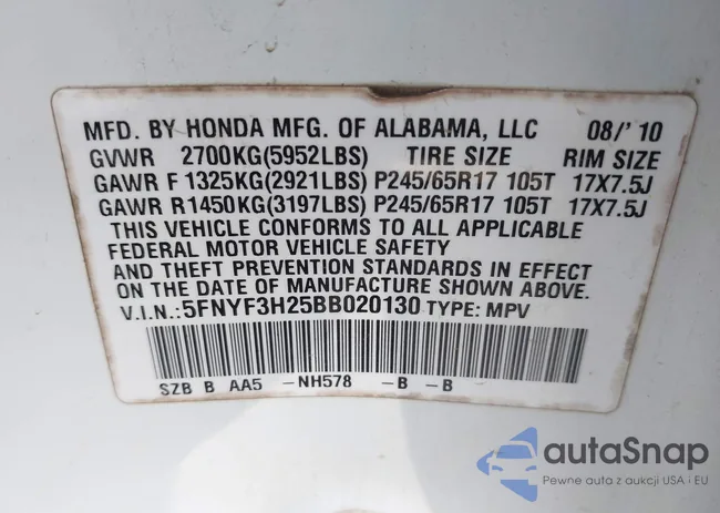 5FNYF3H25BB020130: 44203710