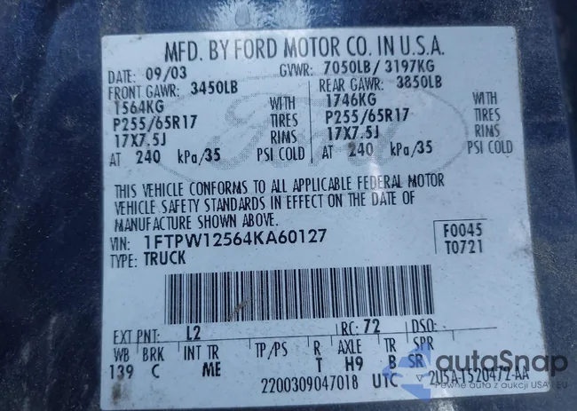 1FTPW12564KA60127: 44203752