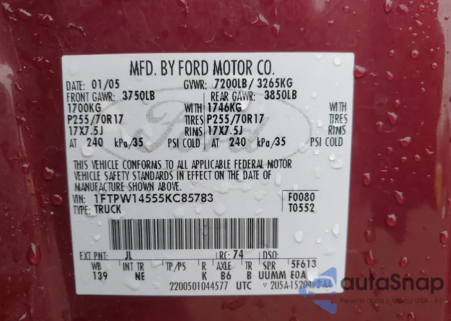 1FTPW14555KC85783: 44203955