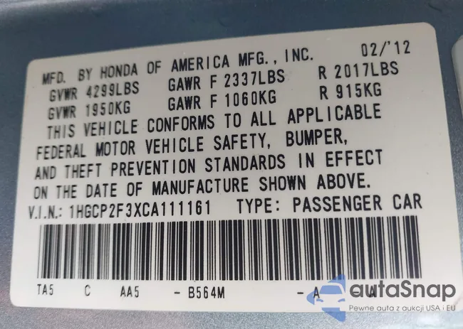 1HGCP2F3XCA111161: 44204343