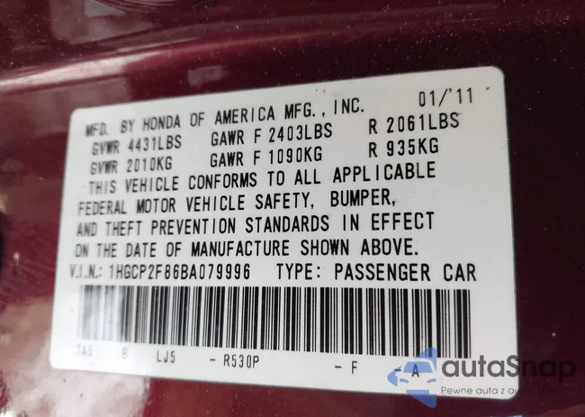 1HGCP2F86BA079996: 44205307