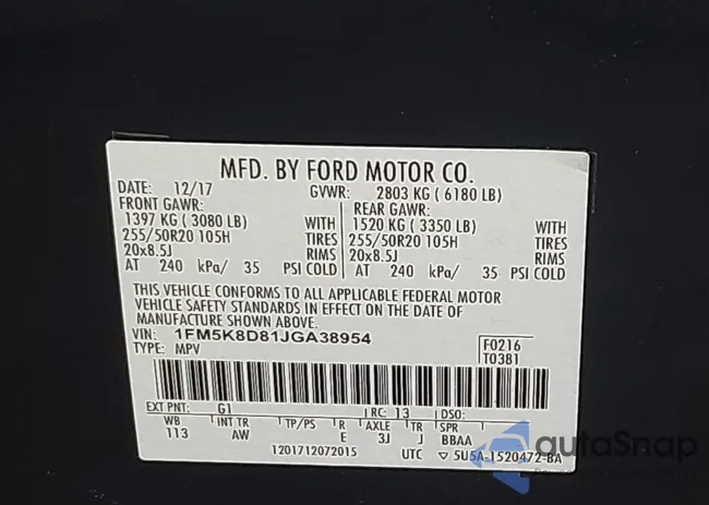 1FM5K8D81JGA38954: 44206718