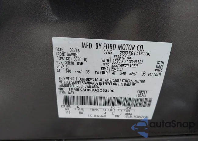 1FM5K8D88GGC63400: 44207641