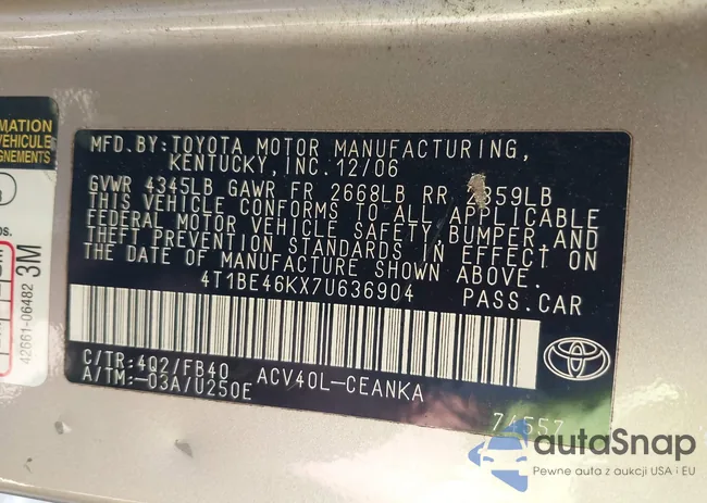 4T1BE46KX7U636904: 44206999