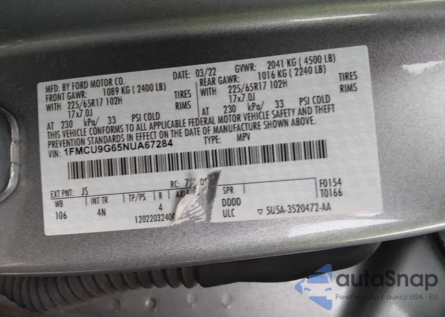 1FMCU9G65NUA67284: 44207107