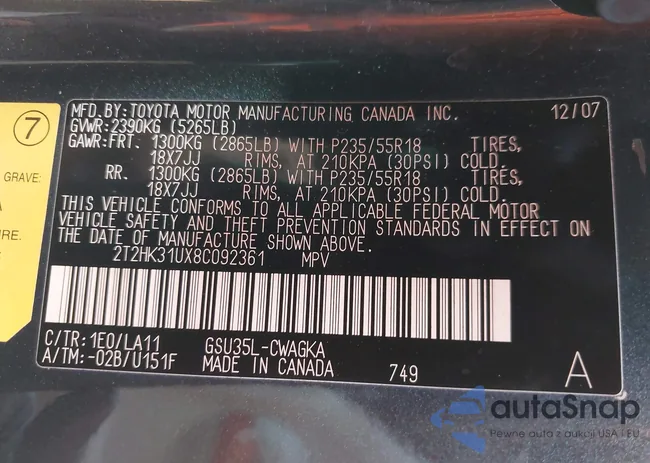 2T2HK31UX8C092361: 44208483