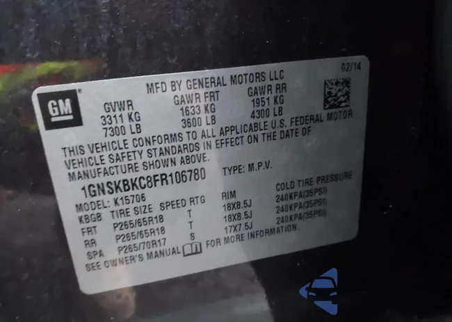 1GNSKBKC8FR106780: 44209747