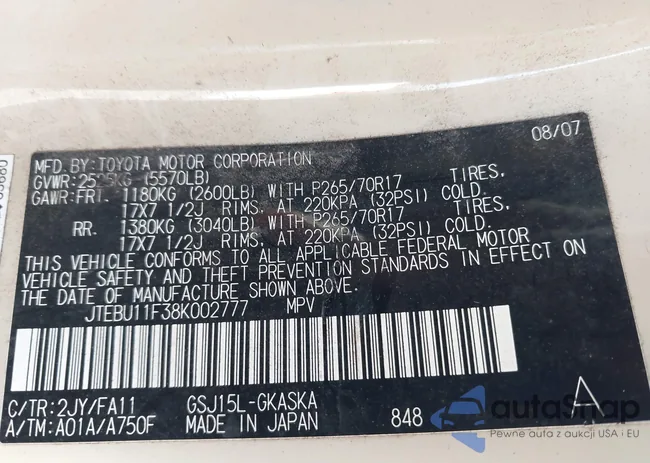 JTEBU11F38K002777: 44209160