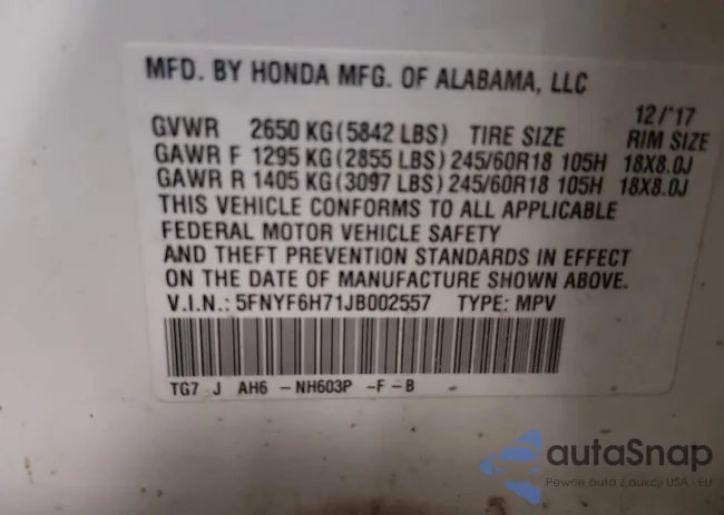 5FNYF6H71JB002557: 44210907