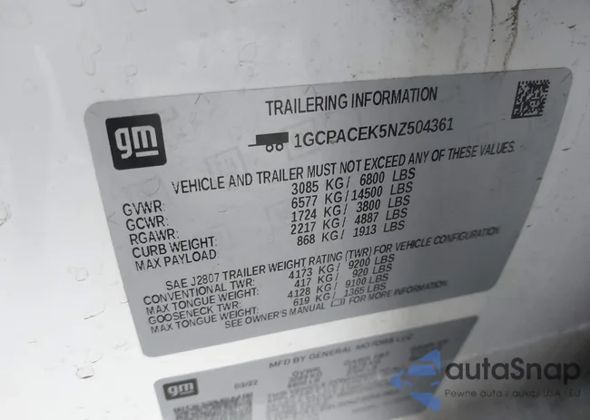 1GCPACEK5NZ504361: 44213418