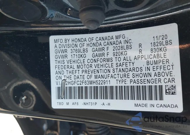 2HGFC2F63MH522911: 44213466