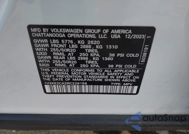 1V2KE2CA2RC226156: 44213377