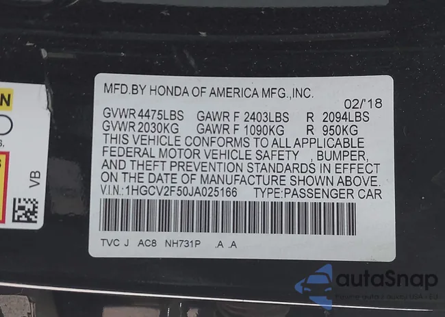 1HGCV2F50JA025166: 44214491