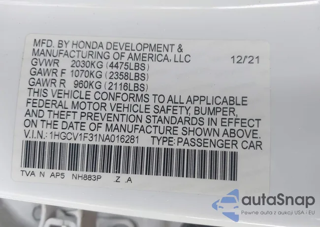 1HGCV1F31NA016281: 44216087