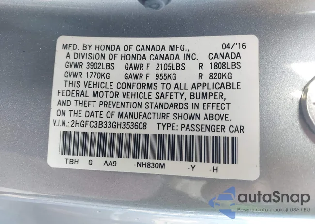 2HGFC3B33GH353608: 44216335