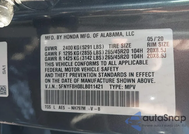 5FNYF8H08LB011421: 44220623