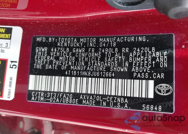 4T1B11HK8JU612664: 44220010