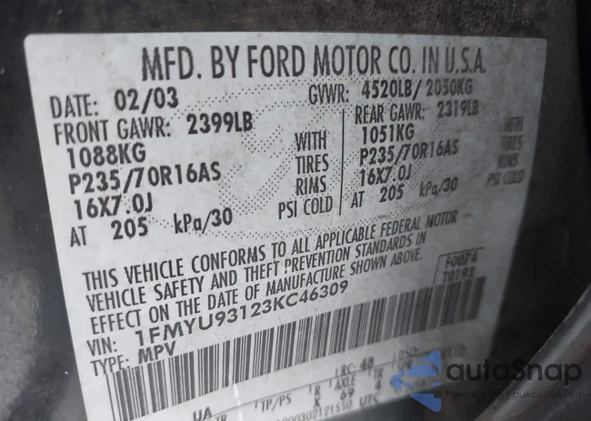 1FMYU93123KC46309: 44222909