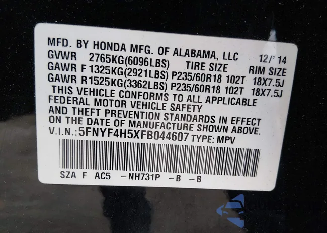 5FNYF4H5XFB044607: 44223497