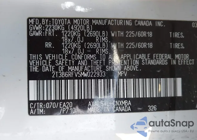 2T3B6RFV5MW022933: 44227871