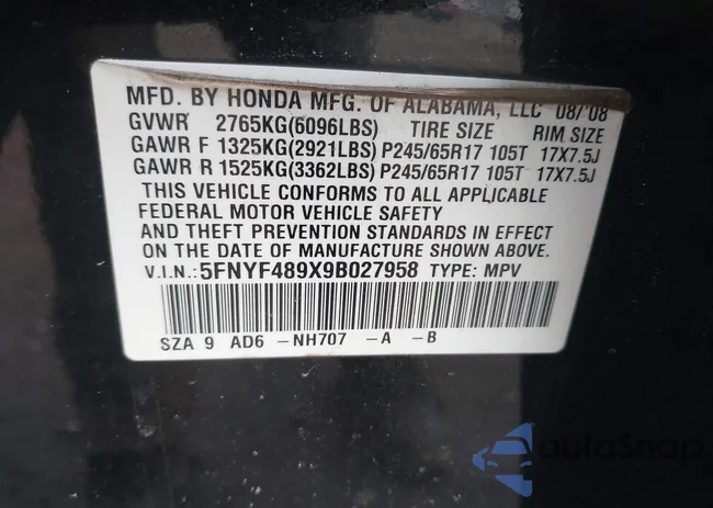 5FNYF489X9B027958: 44230180